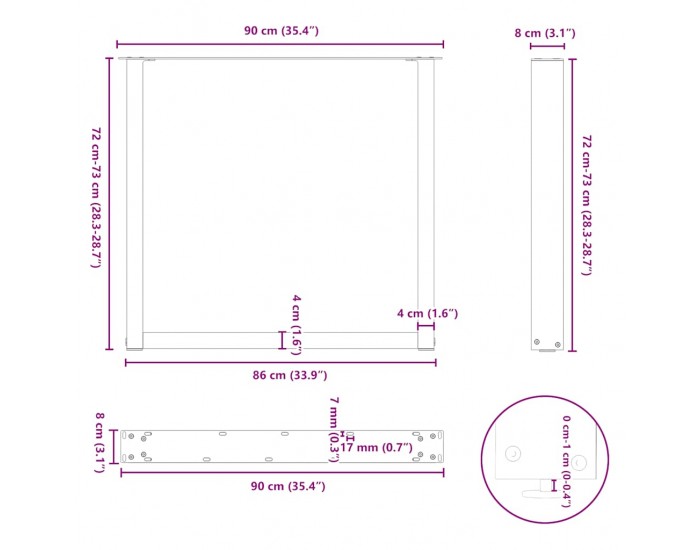Sonata H Крака за трапезна маса, U-образни, 3 бр., естествена стомана, 90 x (72-73) см, стомана
