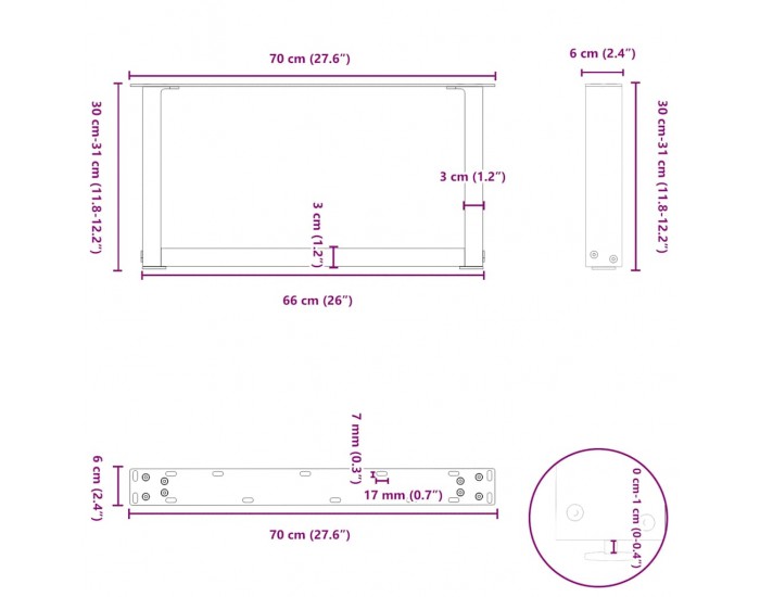 Sonata H Крака за масичка за кафе, U-образни, 2 бр., естествена стомана, 70 x (30-31) см, стомана