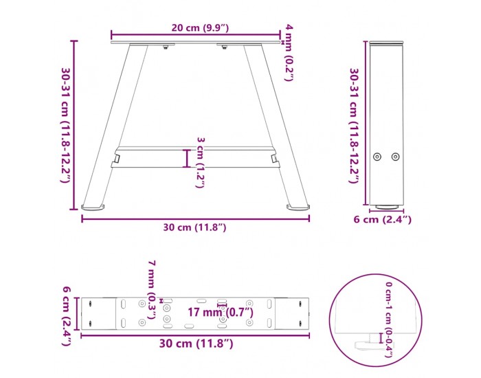 Sonata H Крака за масичка за кафе, А-образни, 2 бр., 30 x (30-31) см, стомана