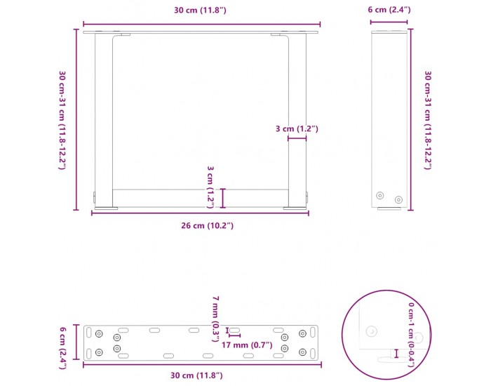 Sonata H Крака за масичка за кафе, U-образни, 2 бр., естествена стомана, 30 x (30-31) см, стомана