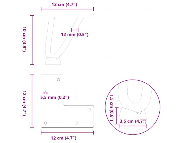 Sonata H Крака тип „фиба“ за масичка за кафе, 4 бр., естествена стомана, 10 см, масивна стомана
