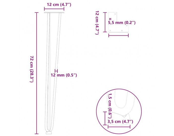 Sonata H крака тип „фиби“ за конзолни маси, 4 бр., естествена стомана, 72 см, масивна стомана