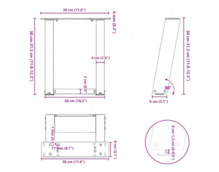 Sonata H Крака за масичка за кафе, U-образни, 2 бр., естествена стомана, 30 x (30-31) см, стомана