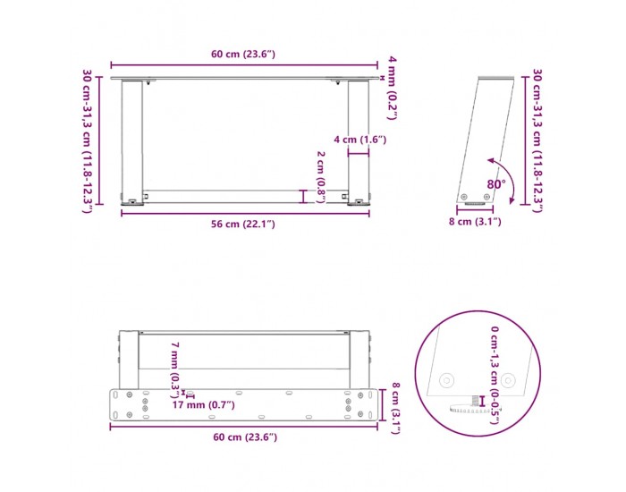 Sonata H Крака за масичка за кафе, U-образни, 2 бр., естествена стомана, 60 x (30-31) см, стомана