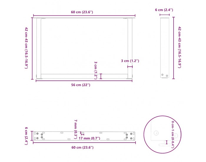 Sonata H Крака за масичка за кафе, U-образни, 2 бр., естествена стомана, 60 x (42-43) см, стомана