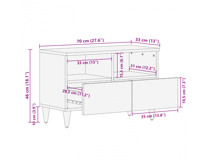 Sonata H ТВ шкаф 70x33x46 см от масивно дърво от манго