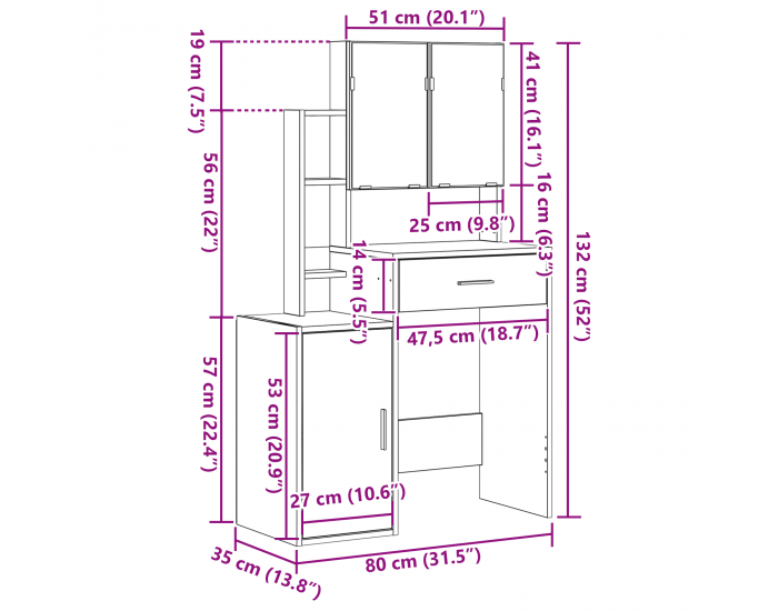 Sonata H Тоалетна маса с огледало и LED светлини Старо дърво Инженерна дървесина