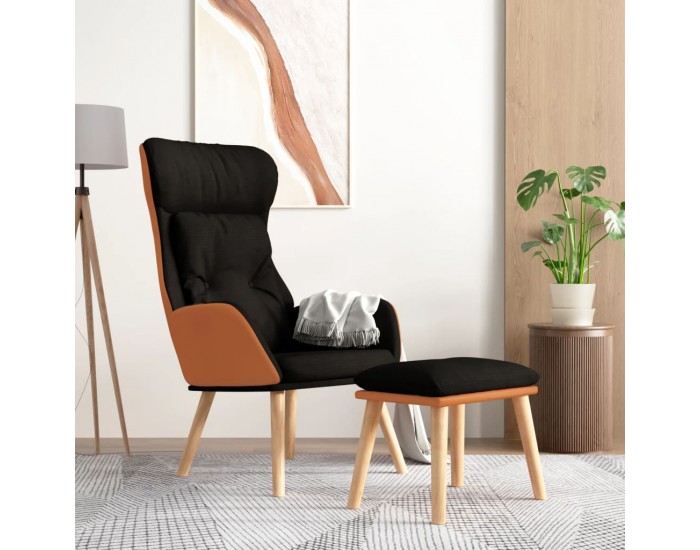 Sonata H Релаксиращ стол с табуретка, черен, изкуствена кожа и плат