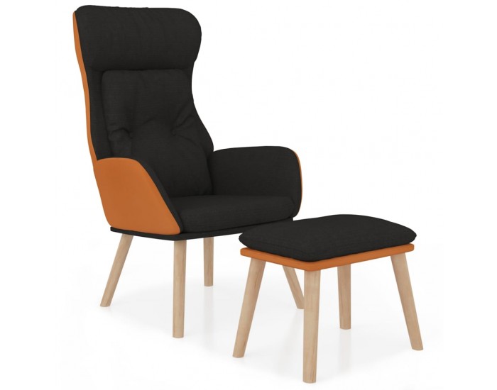 Sonata H Релаксиращ стол с табуретка, черен, изкуствена кожа и плат