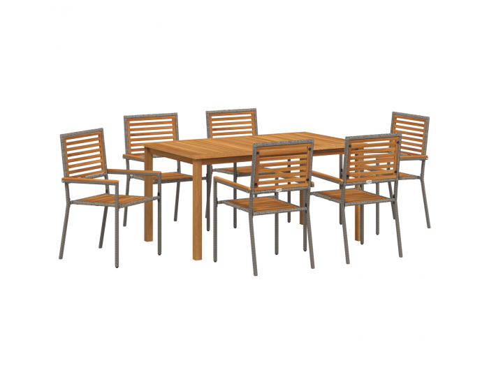 Комплект градинска трапезария Sonata H от 7 части с сиво полиратан и тиково дърво