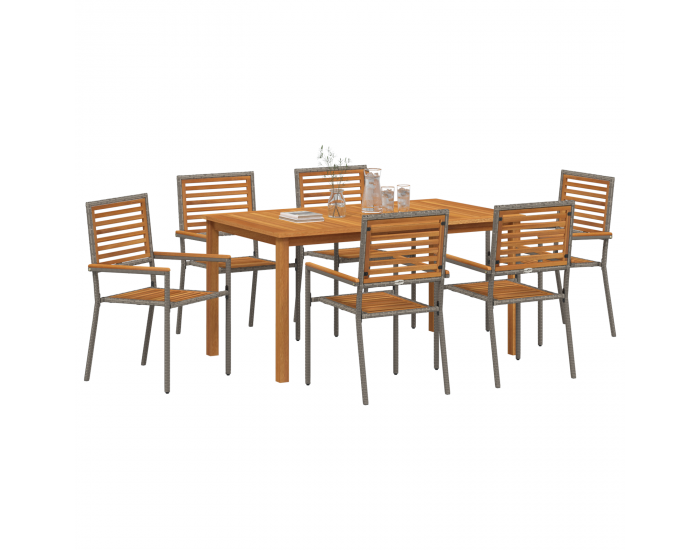 Комплект градинска трапезария Sonata H от 7 части с сиво полиратан и тиково дърво