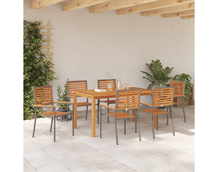 Комплект градинска трапезария Sonata H от 7 части с сиво полиратан и тиково дърво