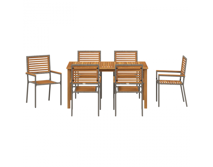 Комплект градинска трапезария Sonata H от 7 части с сиво полиратан и тиково дърво