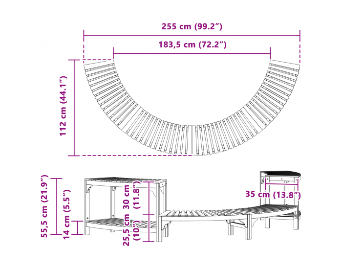 Sonata H Около джакузи полукръг 252x111.5x55.5 см от масивна акациева дървесина
