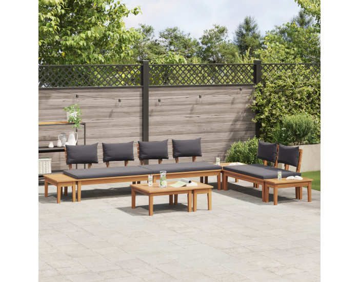 Комплект от 5 части градински пейки с възглавници от масивно дърво тиково