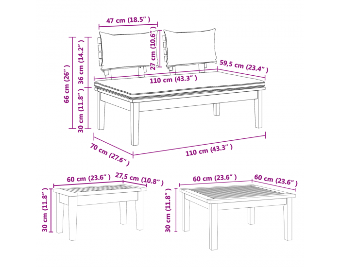 Комплект градински пейки Sonata H с възглавници от масивно дърво