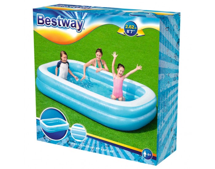Bestway Семеен правоъгълен надуваем басейн 262x175x51 см синьо и бяло Bestway Семеен правоъгълен надуваем басейн 262x175x51 см синьо и бяло