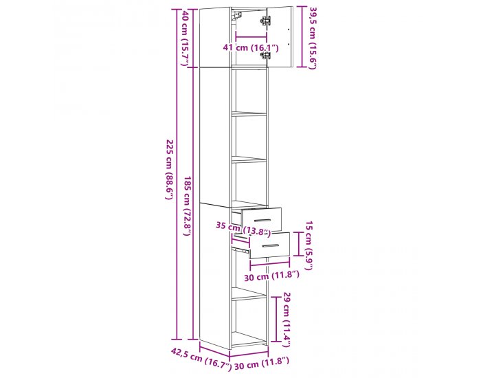 Sonata H Slim Storage Cabinet Черен дъб 30x42.5x225 см Обработена дървесина