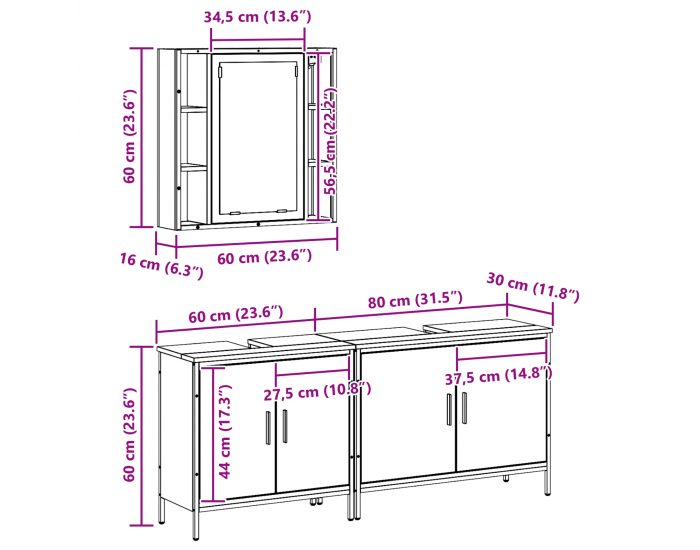 Sonata H Комплект мебели за баня от 3 части – Обветрено дърво