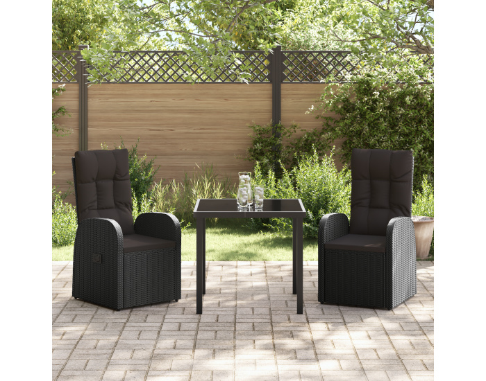 Sonata H 3-членен комплект за градинско хранене с възглавници, Черен полиротан