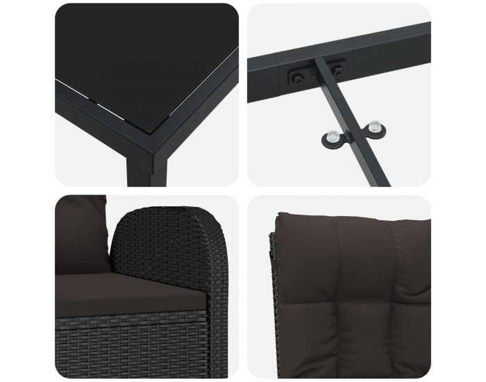 Sonata H 3-членен комплект за градинско хранене с възглавници, Черен полиротан