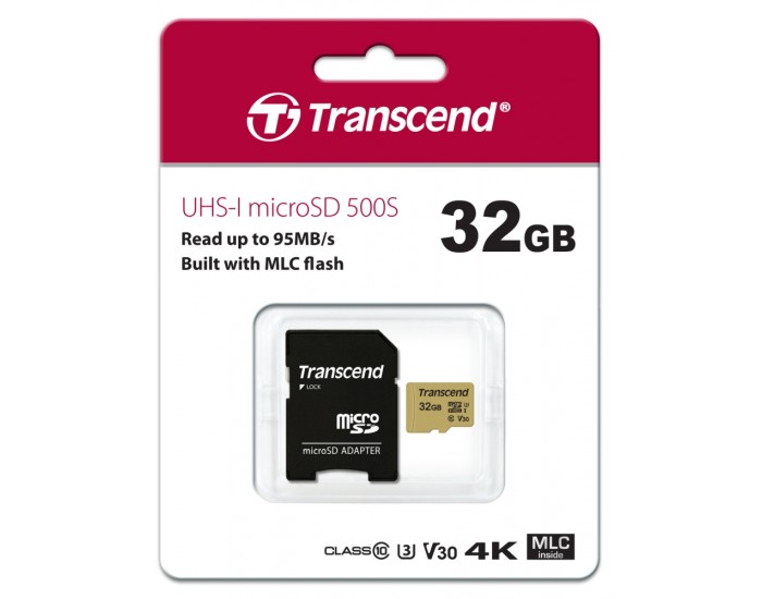 Памет Transcend 32GB microSD UHS-I U3 (with adapter), MLC Памет Transcend 32GB microSD UHS-I U3 (with adapter), MLC