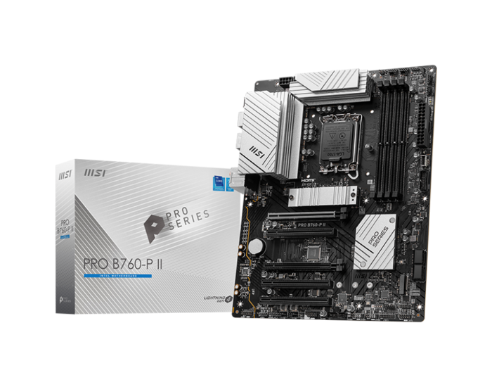 MSI PRO B760-P II, ATX, Intel B760, LGA 1700, Dual Channel DDR4 up to 7000MHz, 4xDDR5, 5x PCIe x16 slots, 2x M.2 slots, 1x HDMI, 4x USB 2.0, 4x USB 5Gbps, 7.1 HD Audio, 2.5G LAN, 4x EZ Debug LED, 3Y MSI PRO B760-P II, ATX, Intel B760, LGA 1700, Dual Channel DDR4 up to 7000MHz, 4xDDR5, 5x PCIe x16 slots, 2x M.2 slots, 1x HDMI, 4x USB 2.0, 4x USB 5Gbps, 7.1 HD Audio, 2.5G LAN, 4x EZ Debug LED, 3Y