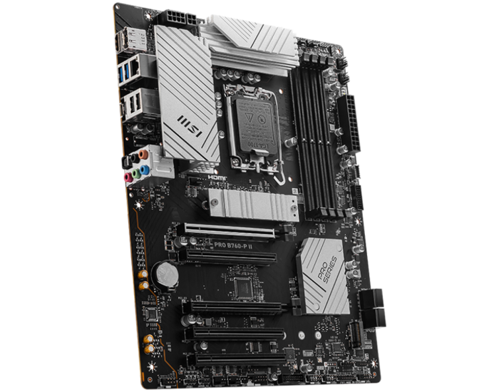 MSI PRO B760-P II, ATX, Intel B760, LGA 1700, Dual Channel DDR4 up to 7000MHz, 4xDDR5, 5x PCIe x16 slots, 2x M.2 slots, 1x HDMI, 4x USB 2.0, 4x USB 5Gbps, 7.1 HD Audio, 2.5G LAN, 4x EZ Debug LED, 3Y MSI PRO B760-P II, ATX, Intel B760, LGA 1700, Dual Channel DDR4 up to 7000MHz, 4xDDR5, 5x PCIe x16 slots, 2x M.2 slots, 1x HDMI, 4x USB 2.0, 4x USB 5Gbps, 7.1 HD Audio, 2.5G LAN, 4x EZ Debug LED, 3Y