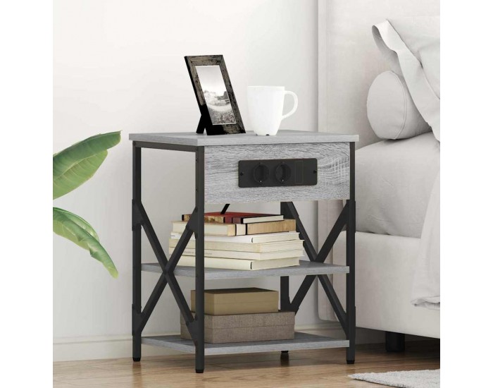 Sonata H Нощно шкафче с зарядна станция Сив сонома Инженерно дърво