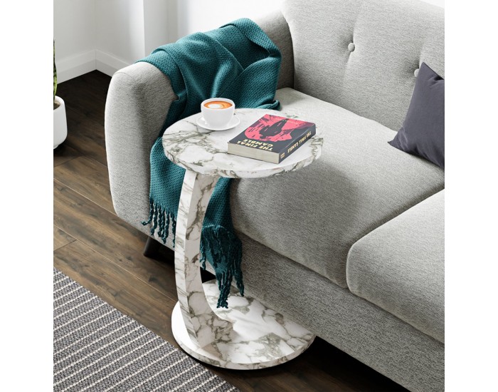 Помощна маса Holeby 56 x Ø 38 см мраморна визия, кремаво бяло []