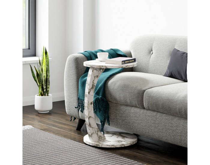 Помощна маса Holeby 56 x Ø 38 см мраморна визия, кремаво бяло []