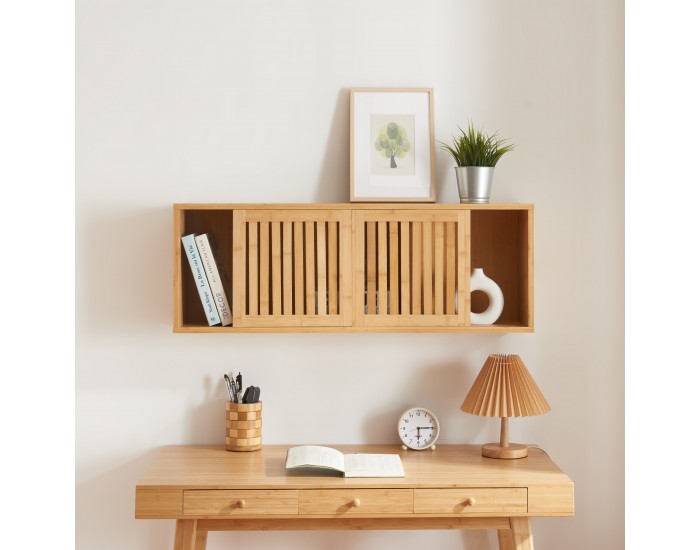 Стенен рафт Grums с две плъзгащи се врати 92,5x20x33см бамбук []