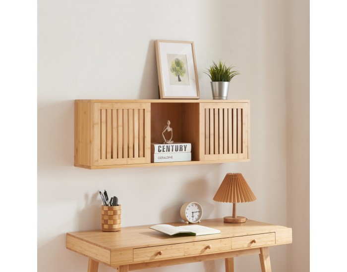 Стенен рафт Grums с две плъзгащи се врати 92,5x20x33см бамбук []