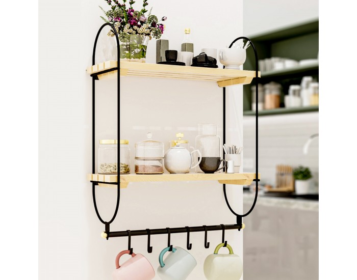 Стенен рафт Pielavesi с 6 куки черен/натурален []