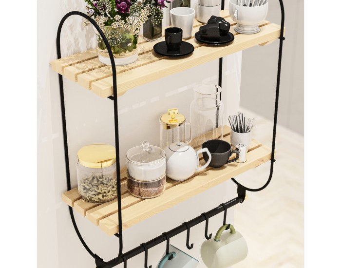 Стенен рафт Pielavesi с 6 куки черен/натурален []