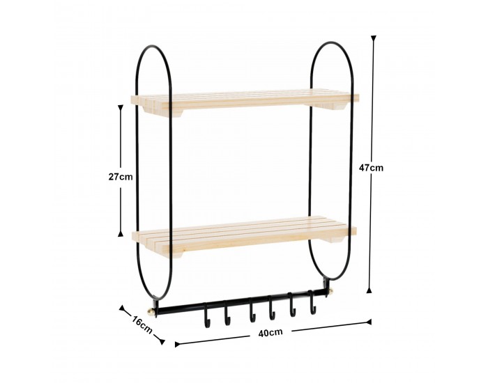 Стенен рафт Pielavesi с 6 куки черен/натурален []