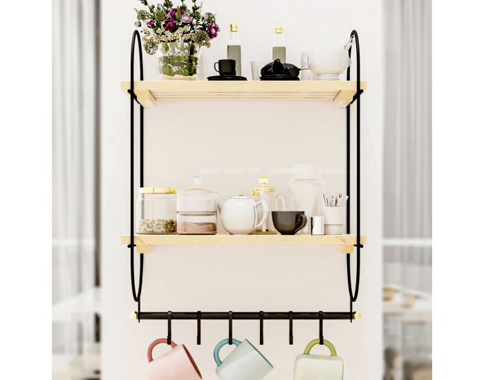 Стенен рафт Pielavesi с 6 куки черен/натурален []