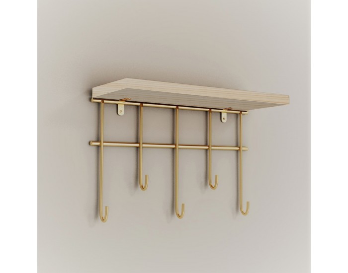 Стенен рафт Parikkala с 5 куки, естествен/златист цвят []