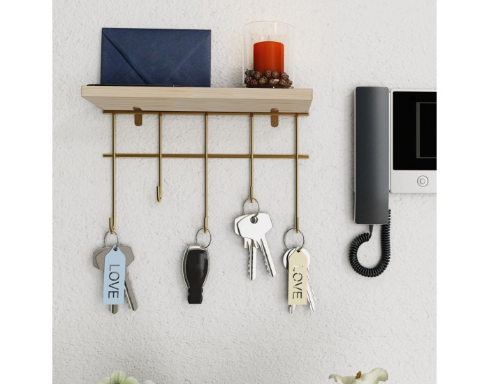 Стенен рафт Parikkala с 5 куки, естествен/златист цвят []