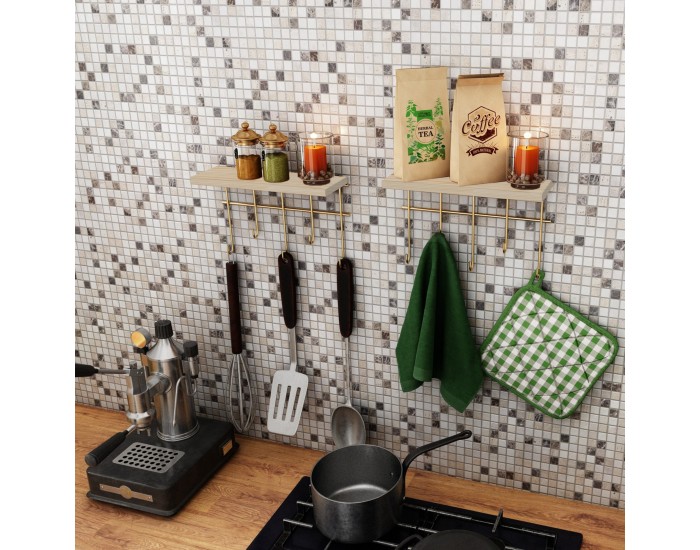 Стенен рафт Parikkala с 5 куки, естествен/златист цвят []