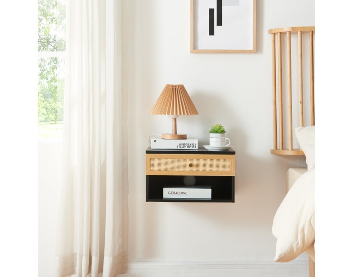 Стенен рафт Eiker с чекмедже 40x32x23 см черно/ратан []