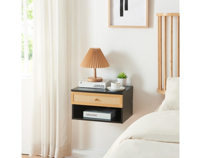 Стенен рафт Eiker с чекмедже 40x32x23 см черно/ратан []