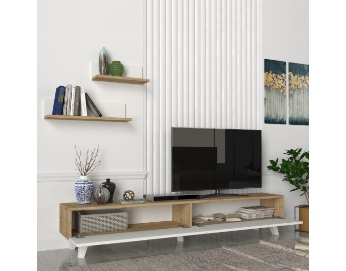 Комплект ТВ маса Saarijärvi с 2 рафта дъб / бял []