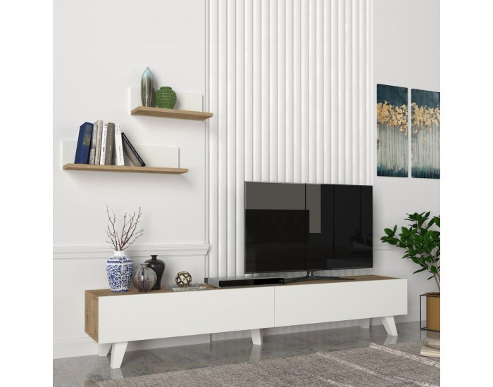 Комплект ТВ маса Saarijärvi с 2 рафта дъб / бял []