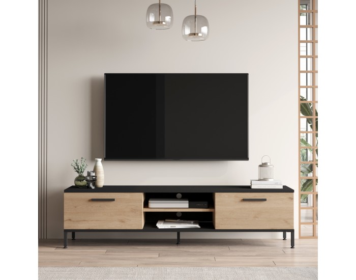 ТВ маса Lempäälä с 2 отделения за съхранение 160 x 35 x 39 см дъб/черен []