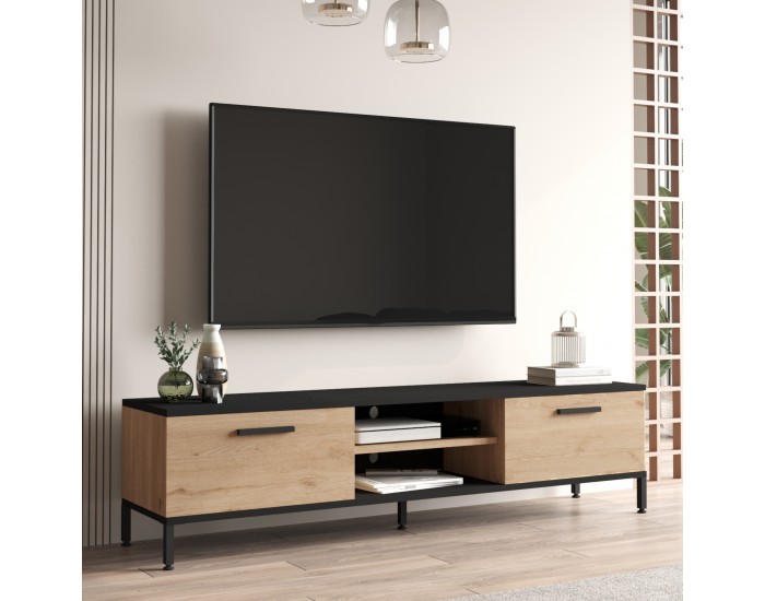 ТВ маса Lempäälä с 2 отделения за съхранение 160 x 35 x 39 см дъб/черен []