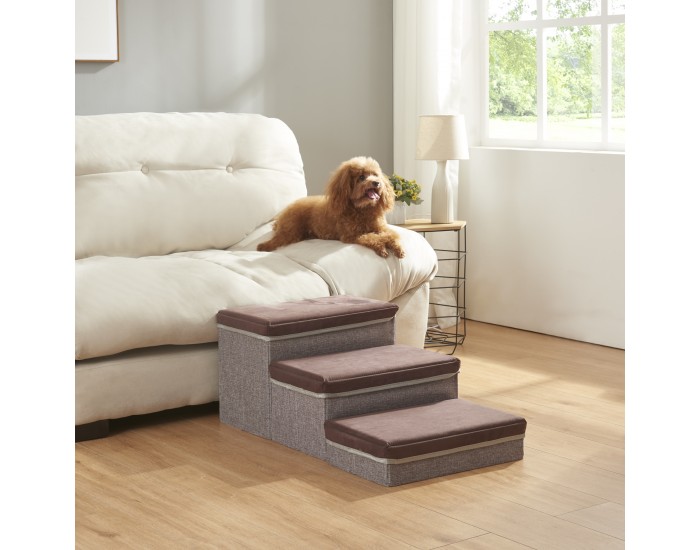 Стълби за кучета Vojens с 3 стъпала 75x40x30 см кафяво/сиво []