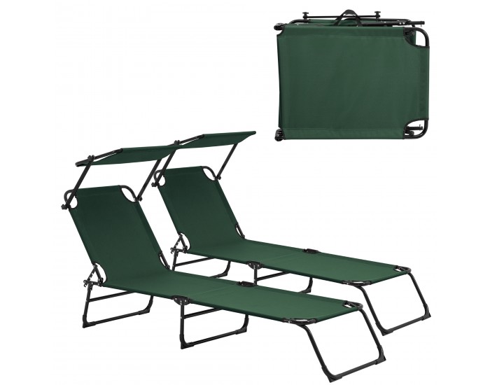 Комплект от 2 шезлонга Lomeda със сенник 187x53x27см тъмнозелен []