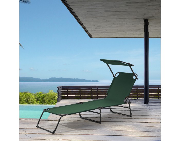 Комплект от 2 шезлонга Lomeda със сенник 187x53x27см тъмнозелен []
