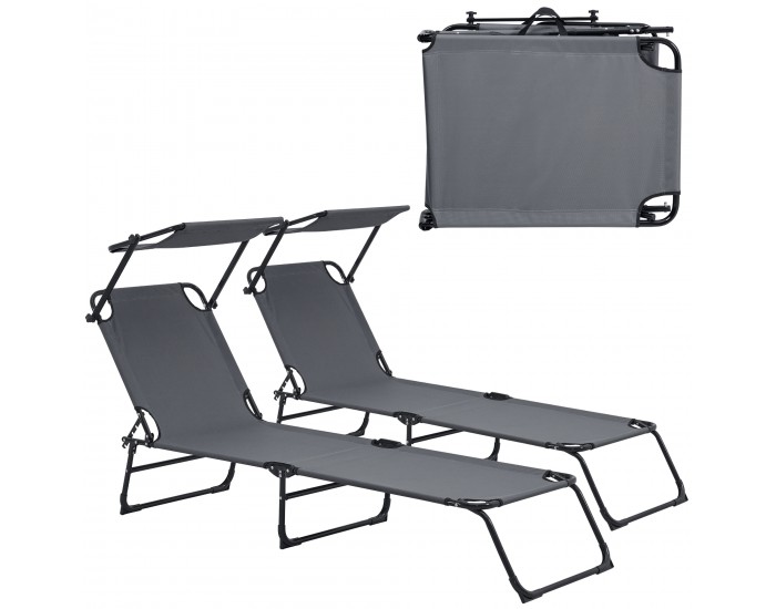 Комплект от 2 шезлонга Lomeda със сенник 187x53x27см тъмносив []